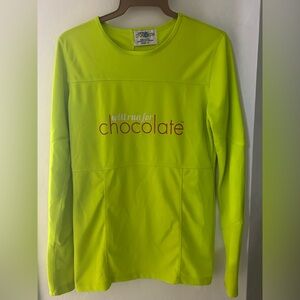 Women’s XL ‘Will run for Chocolate’ long sleeve running shirt, chartreuse